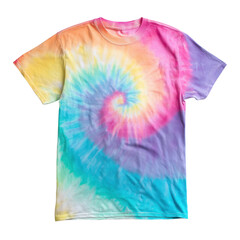 Colorful spiral tie dye t shirt with rainbow gradient, realistic fabric folds, soft cotton texture and vibrant swirling pattern, isolated on transparent background.