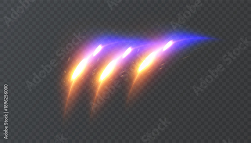 Triple orange-blue neon energy slashes with glowing motion blur, like claw scratch streaks, isolated on transparent. Vector light effect for sci-fi and game attacks.
