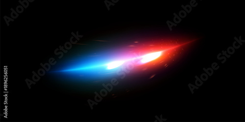 Bright blue to red light streak with intense glow and lens flare on dark background. Futuristic energy beam that suggests speed, power, and digital technology.