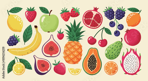 Diverse fruit collection arranged in a vibrant flat lay for healthy eating concepts. Modern vector illustration for packaging and wellness branding.