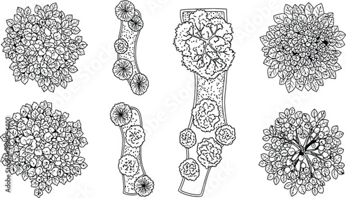 Set of black and white overhead landscape design symbols including trees, shrubs, and garden path elements for architectural site planning.