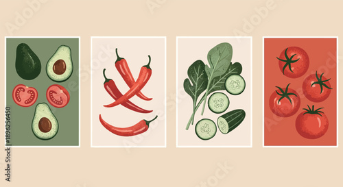 Modern Abstract Food Prints Set: Trendy Vector Illustrations of Avocado, Tomato, Chili, and Greens for Healthy Lifestyle and Kitchen Decor.