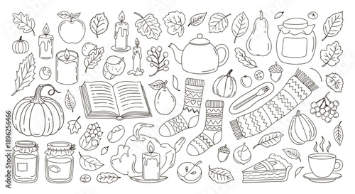 Hand Drawn Cozy Autumn Doodle Set: Vector Line Art Elements for Coloring, Harvest Decor, and Hygge Seasonal Graphic Design.