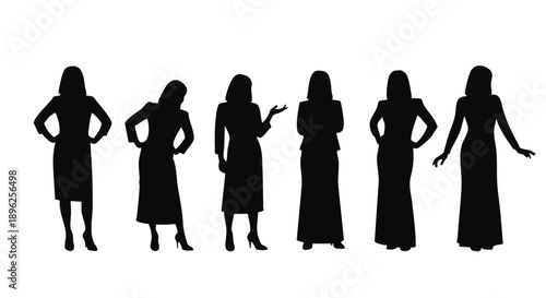 Six black female silhouettes in formal dresses and suits