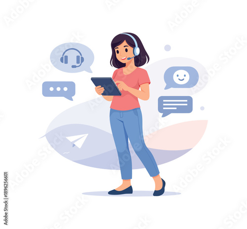 Woman using tablet with headphones and chat bubbles, flat vector illustration