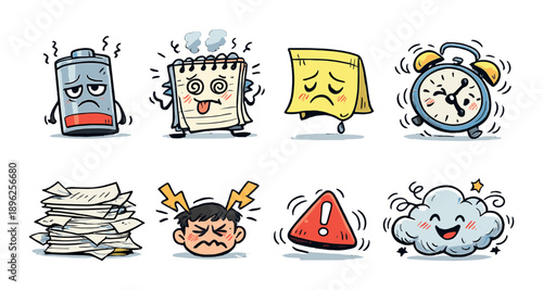 Cartoon illustrations of everyday stress and relaxation symbols