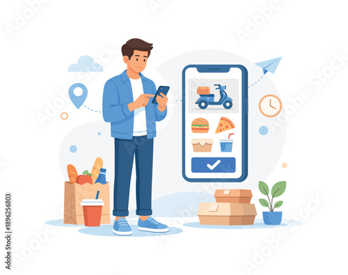 Man ordering food delivery on mobile app, flat vector illustration