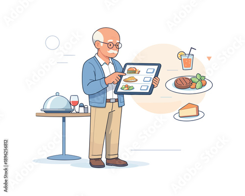 Elderly man ordering food on tablet, flat vector illustration