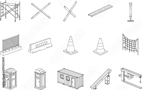 Construction site equipment and safety measures arranged in a minimalistic aesthetic, a variety of objects and elements used for workplace safety.