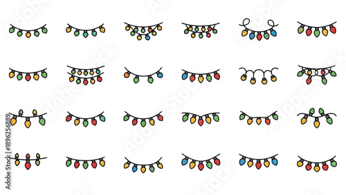 Set of various colorful hanging string lights and Christmas decorations for holidays