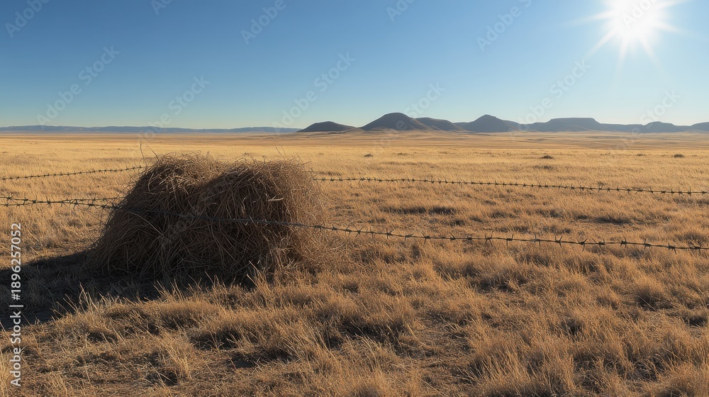 Fototapeta premium Dry tumbleweeds caught in barbed wire in an arid landscape under a clear blue sky