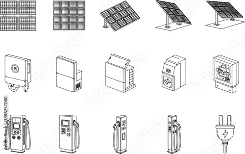 A collection of eco-friendly energy items, including solar panels, electrical chargers, and other related items.