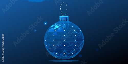 A digitally rendered blue christmas ornament with sparkling light effects