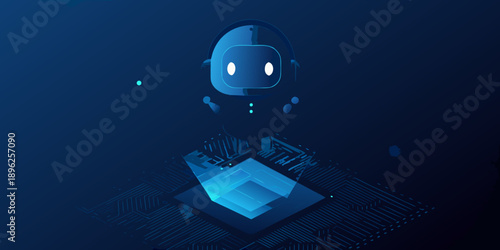 Futuristic robot head glowing above a complex circuit board design