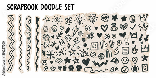 A collection of hand drawn scrapbook doodle elements and decorative borders