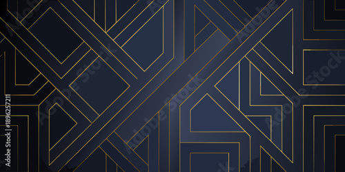 Abstract art deco background with intersecting golden lines on dark navy blue