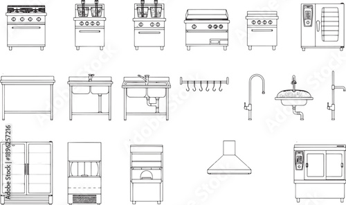 Detailed illustrations of various kitchen appliances, meticulously drawn in a technical style. Featuring stoves, ovens, sinks, and other culinary equipment.