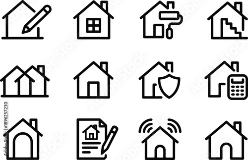 Real estate and housing line icon set for property management and home services isolated on white background