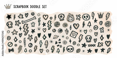 Hand drawn scrapbook doodle set with skulls hearts stars and other elements
