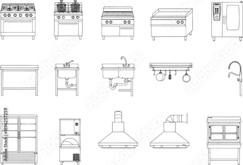 A detailed illustration of diverse kitchen equipment, perfectly showcasing a professional setting.