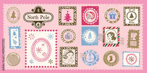 A collection of vintage inspired christmas postage stamps and festive illustrations