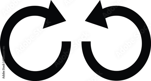 Two circular arrows pointing clockwise, symbolizing repetition or a cycle, presented in black and white