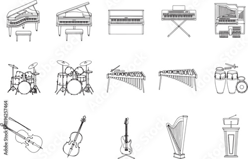 A collection of meticulously detailed line drawings showcase a range of classical and modern musical instruments, ready to create beautiful music.