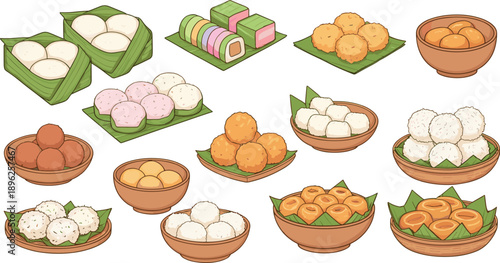 Collection of Traditional Asian Sweets and Desserts Served on Banana Leaves and Bowls Including Rice Cakes Ladoo and Pastries Vector Illustration