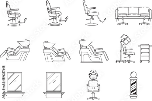 A comprehensive collection of barbershop furniture illustrations, showcasing various chairs, stations, and styling accessories, meticulously drawn in a clean, professional style.
