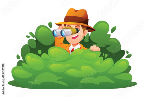 Secret boy detective hiding in a green bush while watching through binoculars. Vector cartoon illustration