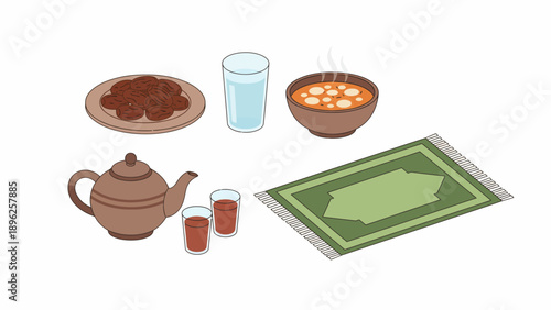 A traditional tea setting with teapot and cups on a rug beside food and drink items in a serene indoor environment from a top-down viewpoint