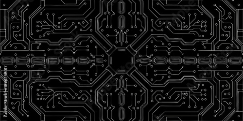 Intricate white circuit board pattern against a solid black background