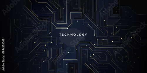 Abstract digital circuit board with glowing lines and the word technology