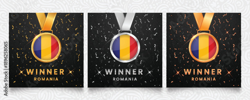 Celebrate Romanian victory with this set of gold, silver, and bronze medals featuring the national flag, set on a dark background with festive confetti and sparkling highlights