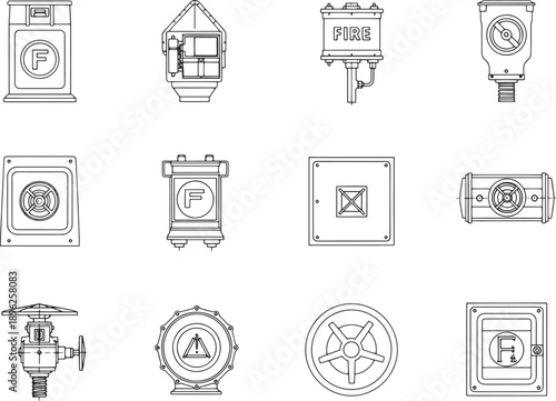 A collection of detailed line-art illustrations showcasing various fire safety equipment.