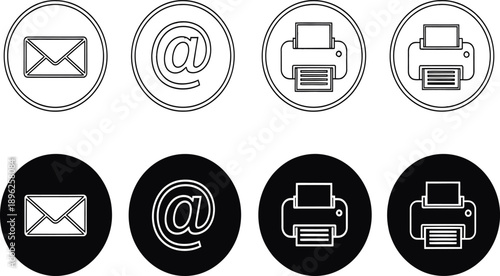 Vector collection of essential communication and office utility icons in diverse outline and solid circular styles