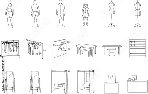 Outlined images of mannequins, display racks, fitting rooms, and shop furniture, creating a fashion design composition for visual communication and creative concepts. 