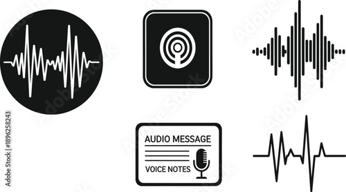 Audio sound wave icons set, podcast voice notes symbols, music equalizer frequency, microphone signal recording, radio broadcast digital technology vector collection.