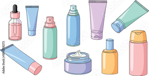 Colorful Cosmetic Bottles and Tubes Set for Skincare Cream Serum Spray and Beauty Product Packaging Vector Illustration