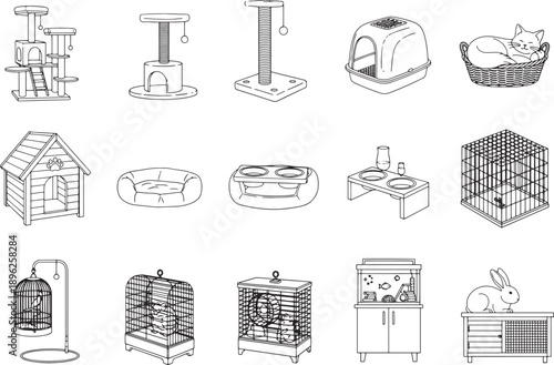 Assortment of essential pet supplies, featuring a diverse array of items from cozy cat houses to practical cages, illustrating the fundamental tools for animal care.