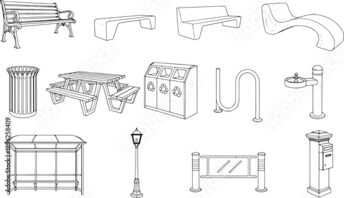 Public park elements presented in a clean, minimalist design for various urban or recreational settings, creating a cohesive visual language. 