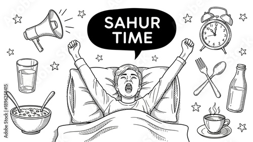 A person waking up in bed for Sahur surrounded by breakfast items and alarm clock