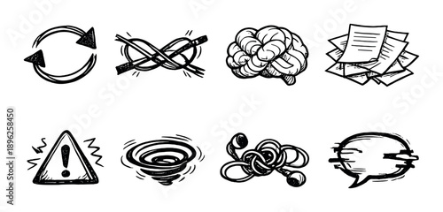 Set of black and white icons: recycle, pencils, brain, documents, warning, tornado, knot, speech bubble
