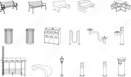 A detailed, line art illustration showcases various pieces of public outdoor furniture, presenting a comprehensive set of design elements for urban landscapes.