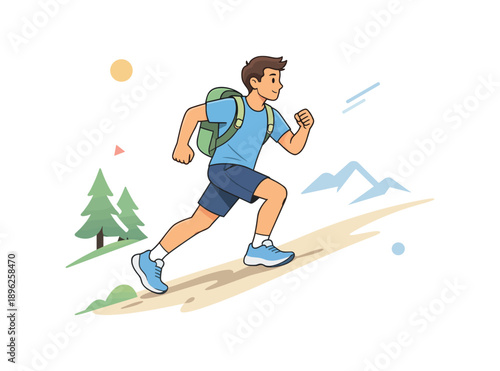 Man hiking on mountain trail with backpack, flat vector illustration