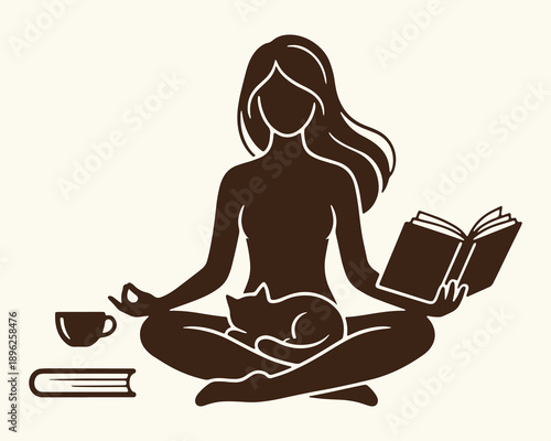 Woman meditating with cat, book, and coffee in a peaceful, serene setting, promoting relaxation and mindfulness in a calm atmosphere with a minimalist style.