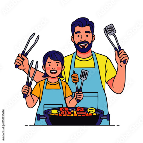 A cheerful father and son in blue aprons grilling food on a barbecue with tongs and spatulas in a playful, colorful scene.