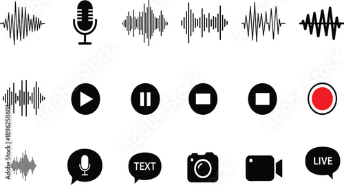 Audio sound wave icons, podcast microphone symbols, media player buttons, video record icons, voice message bubbles, digital communication signs, black silhouettes.