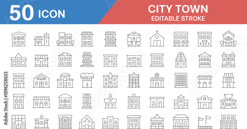 A set of 50 city and town building icons with editable strokes, featuring diverse structures like homes, shops, and public buildings isolated on white background