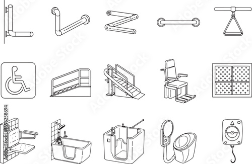 Accessibility equipment: A meticulously drawn collection of equipment and visual aids, meticulously curated for individuals with limited mobility.